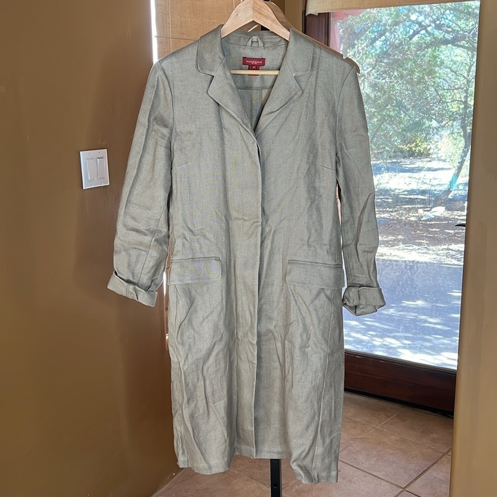 Sundance 100% Linen Duster Coat Khaki Longline Jacket Coastal Capsule Sz Medium - Picture 9 of 12